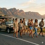 A group of diverse young adult travelers walking happily down a coastal road during a scenic stop on one of our specialized South Africa group trips for young travelers, with the iconic Twelve Apostles mountains and sea in the background.
