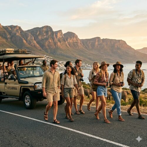 A group of diverse young adult travelers walking happily down a coastal road during a scenic stop on one of our specialized South Africa group trips for young travelers, with the iconic Twelve Apostles mountains and sea in the background.