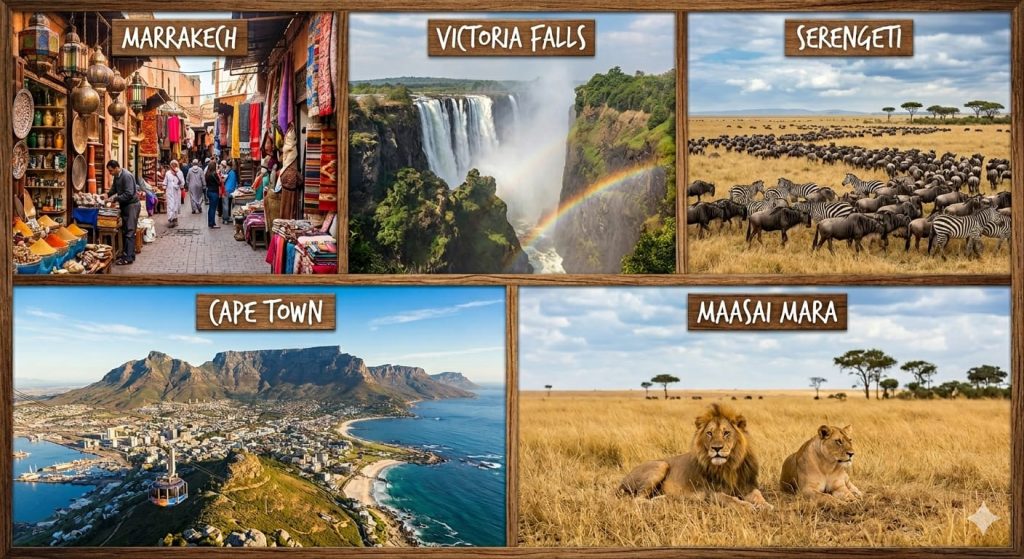 Top bucket list destinations in Africa including Marrakech, Victoria Falls, Serengeti, Cape Town and Maasai Mara