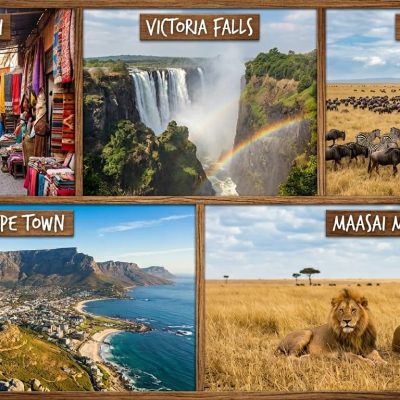 Top bucket list destinations in Africa including Marrakech, Victoria Falls, Serengeti, Cape Town and Maasai Mara