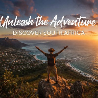 Traveler standing on a hill overlooking the ocean and Table Mountain in Cape Town South Africa