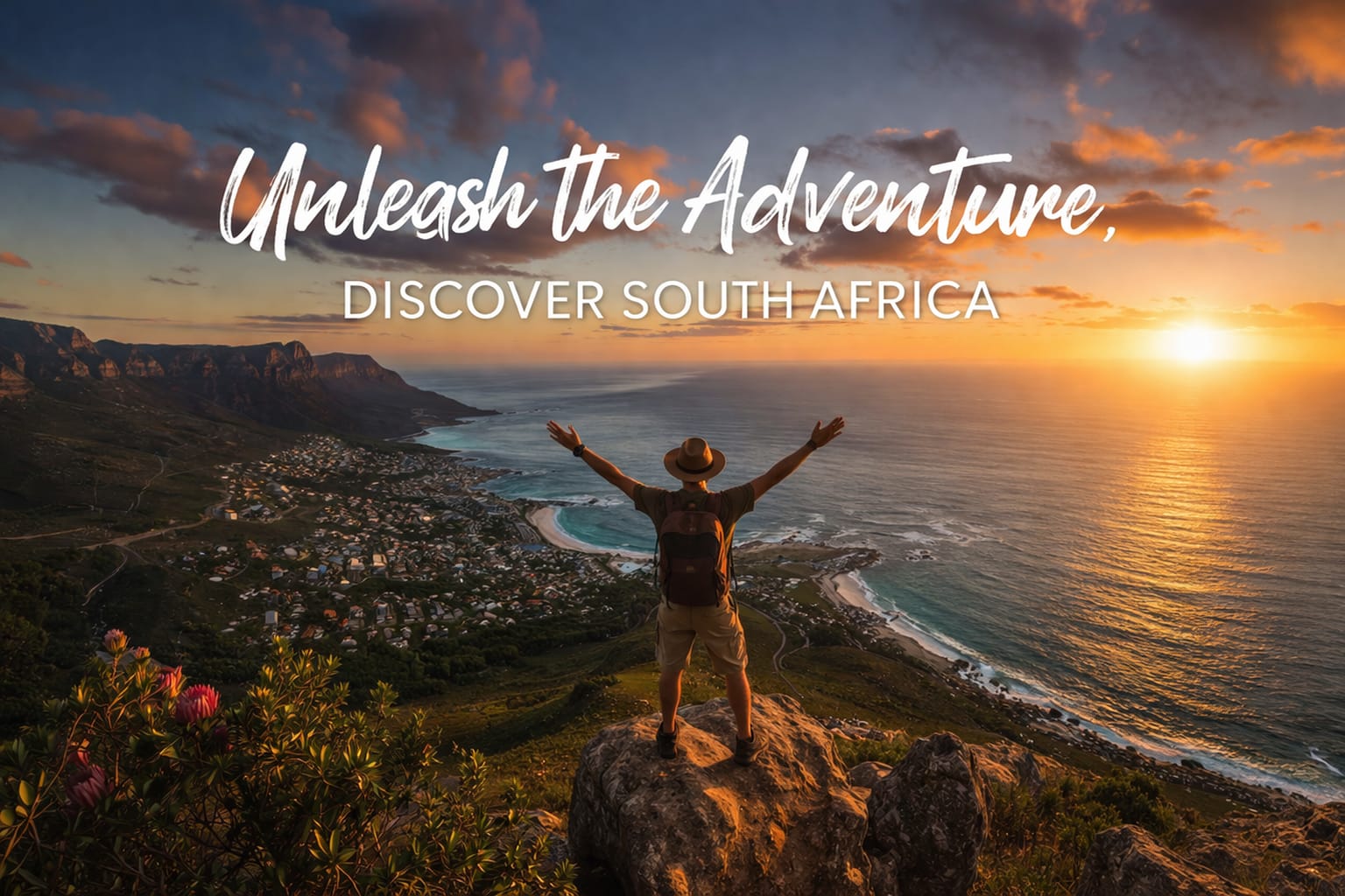 Traveler standing on a hill overlooking the ocean and Table Mountain in Cape Town South Africa