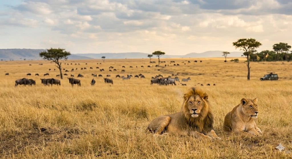 lion and lioness in South Africa safari savannah wildlife experience with animals in background