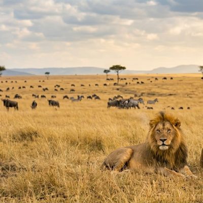 lion and lioness in South Africa safari savannah wildlife experience with animals in background