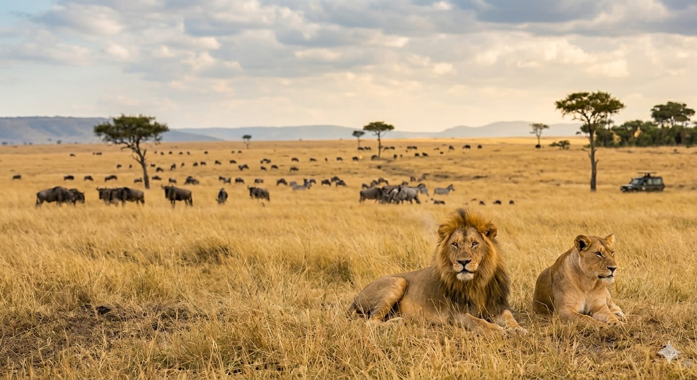 lion and lioness in South Africa safari savannah wildlife experience with animals in background