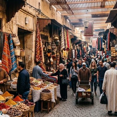 Moroccan souk market in Marrakech traditional shopping street colorful stalls