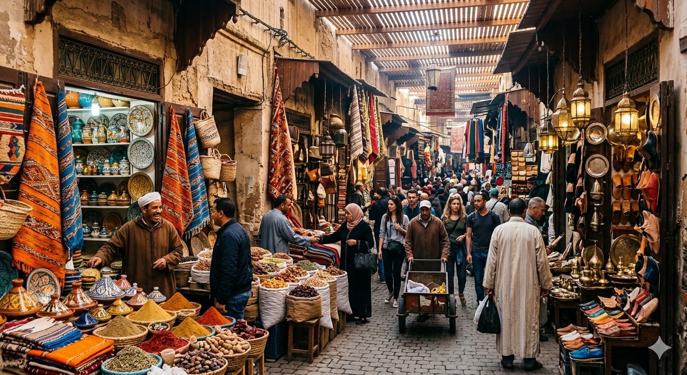 Moroccan souk market in Marrakech traditional shopping street colorful stalls