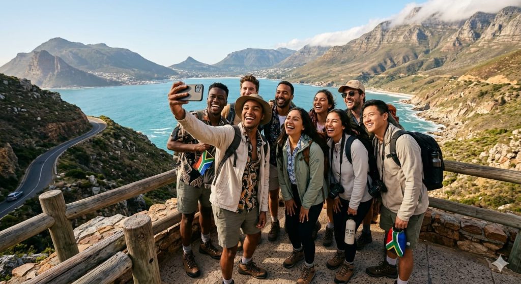 A diverse group of young solo travelers enjoying a scenic view in Cape Town during one of our affordable South Africa trips.