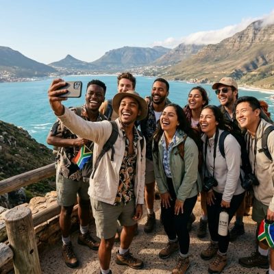 A diverse group of young solo travelers enjoying a scenic view in Cape Town during one of our affordable South Africa trips.