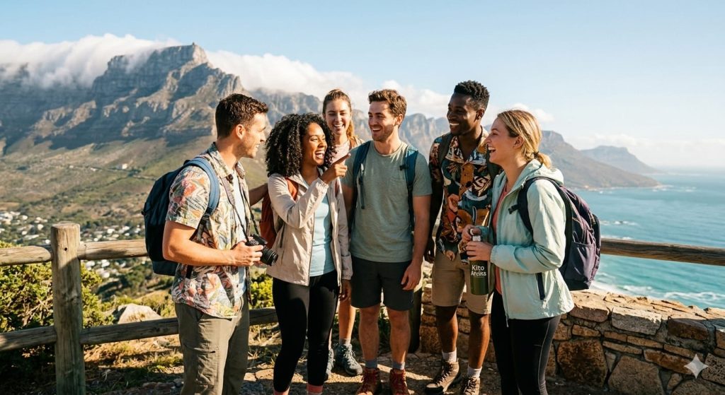 ​A diverse group of young solo travelers in their 20s-30s laughing and interacting, with a clear and sunny view of Table Mountain and Cape Town during their South Africa 9-Day Itinerary.