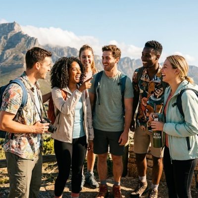 ​A diverse group of young solo travelers in their 20s-30s laughing and interacting, with a clear and sunny view of Table Mountain and Cape Town during their South Africa 9-Day Itinerary.