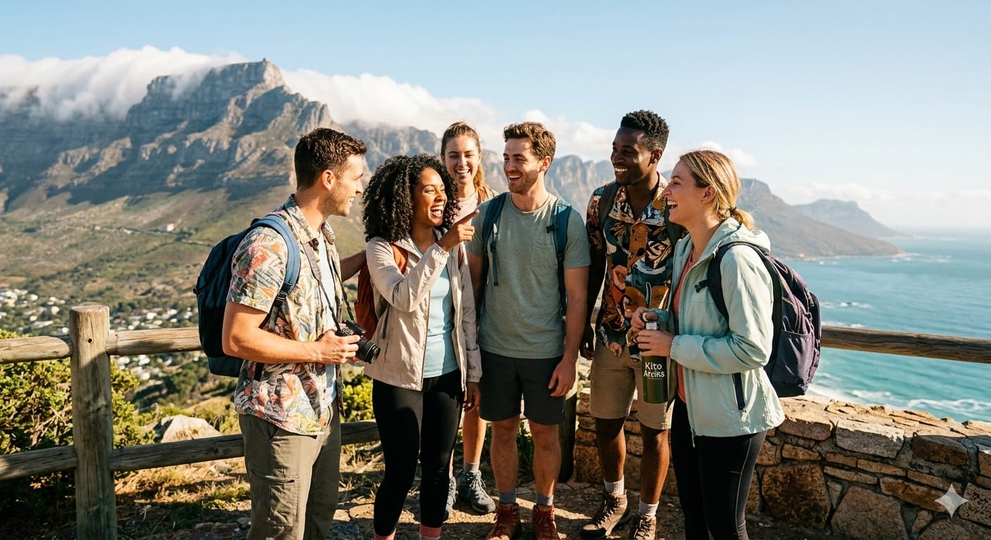 ​A diverse group of young solo travelers in their 20s-30s laughing and interacting, with a clear and sunny view of Table Mountain and Cape Town during their South Africa 9-Day Itinerary.