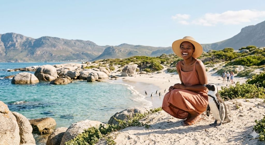 Young traveler with African penguin at Boulders Beach Cape Town South Africa popular tourist attraction 2026