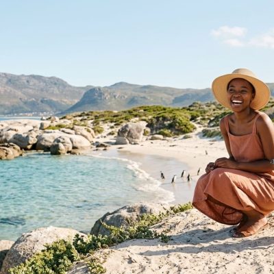 Young traveler with African penguin at Boulders Beach Cape Town South Africa popular tourist attraction 2026