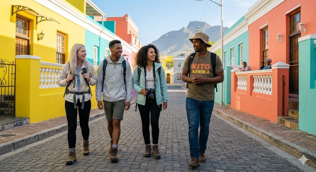 ​A diverse group of four young adult tourists, with backpacks, laughing while following a friendly, local 'KITO AFRIKA' branded guide on a safe cobblestone street in the vibrant Bo-Kaap neighborhood of Cape Town, South Africa, on a sunny afternoon in September 2026, conveying companionship and secure travel.