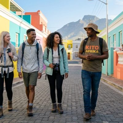 ​A diverse group of four young adult tourists, with backpacks, laughing while following a friendly, local 'KITO AFRIKA' branded guide on a safe cobblestone street in the vibrant Bo-Kaap neighborhood of Cape Town, South Africa, on a sunny afternoon in September 2026, conveying companionship and secure travel.