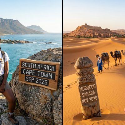 A high-fidelity visual comparison of South Africa vs Morocco travel in 2026, showing a young traveler on a Cape Town beach (left) and another on Sahara Desert dunes (right), both wearing Kito Afrika branded shirts.