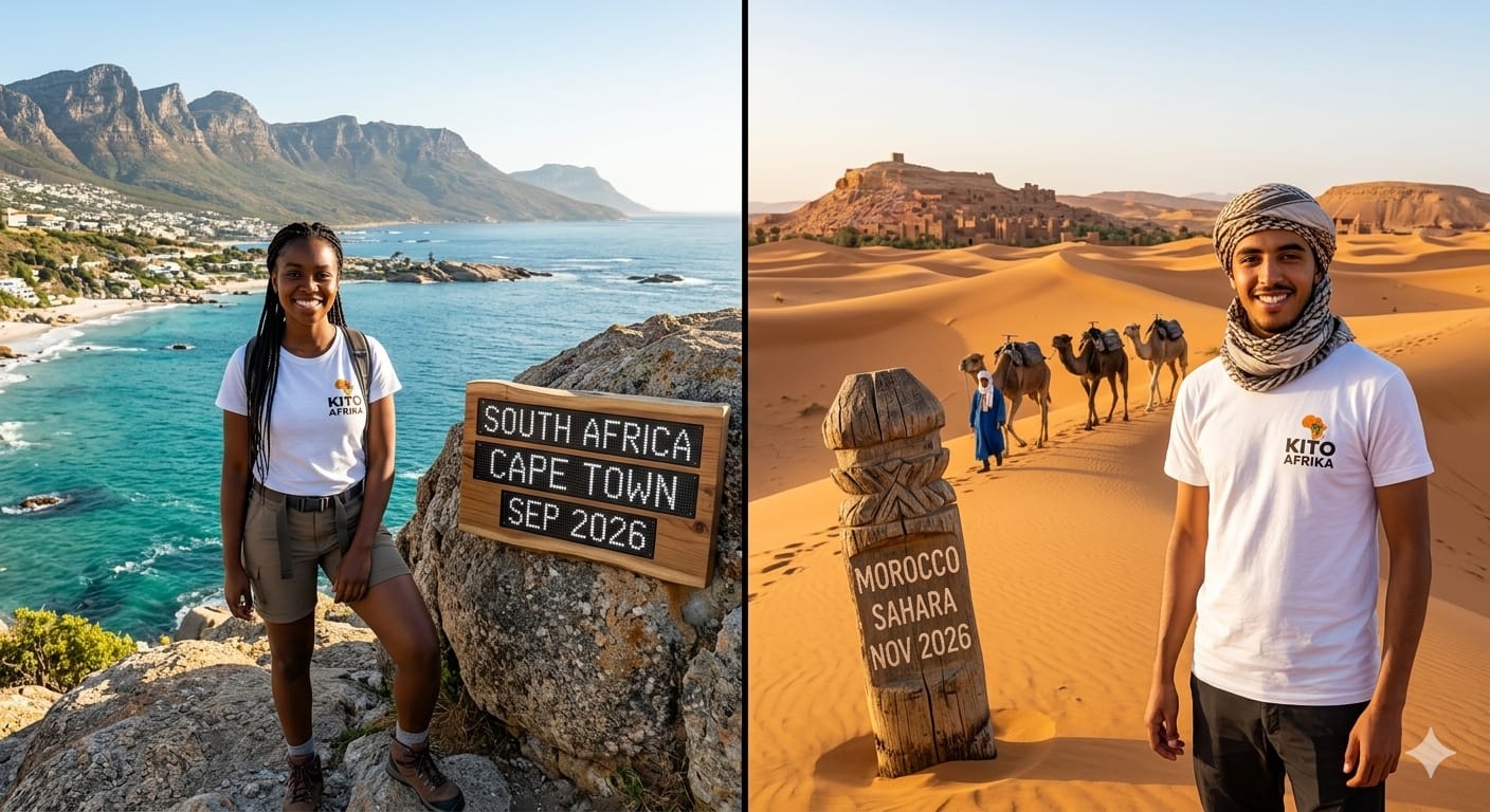 A high-fidelity visual comparison of South Africa vs Morocco travel in 2026, showing a young traveler on a Cape Town beach (left) and another on Sahara Desert dunes (right), both wearing Kito Afrika branded shirts.
