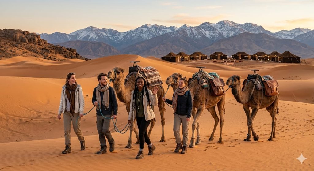 A group of five young travelers from a Kito Afrika Morocco group trip 2026, smiling as they walk with camels through Sahara dunes toward the Atlas Mountains during a golden sunset, designed for the November itinerary guide.