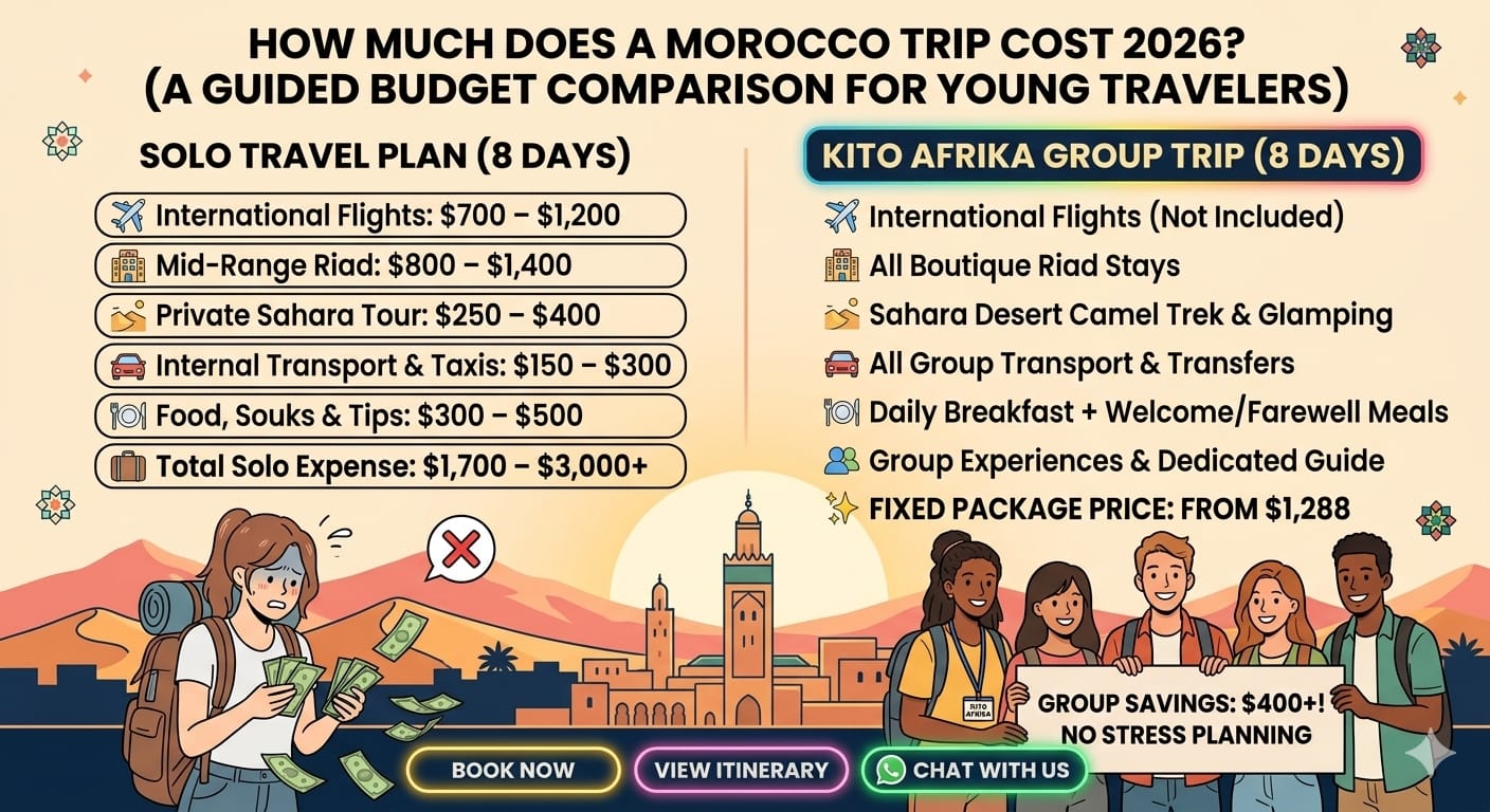 A cost comparison infographic for a Morocco trip in 2026. On the left, a solo traveler is looking at a bill of $1,700-$3,000+. On the right, a Kito Afrika group trip squad is smiling and holding a sign that says "Group Trip: $1,288 All-In". The graphic is in full color with large fonts for clear reading.