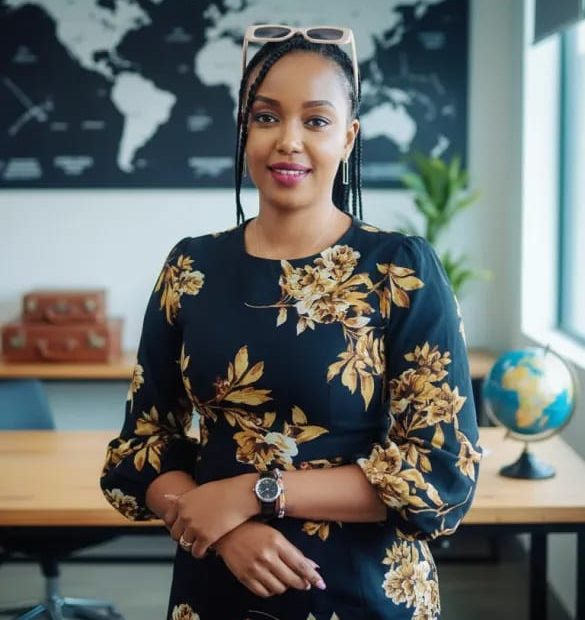 Nyawira Karuga, the founder and CEO of Kito Afrika, standing in her professional travel planning office with a world map background, providing expert guidance for authentic African group safaris.