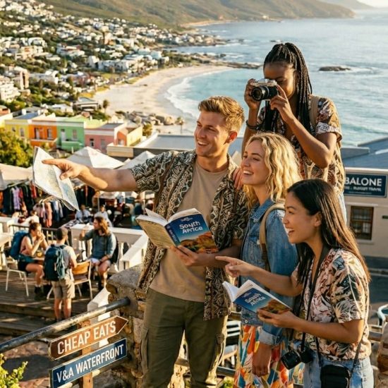 Group of young travelers exploring Cape Town coastline, showing why South Africa is worth the cost for budget travelers