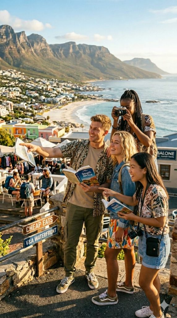 Group of young travelers exploring Cape Town coastline, showing why South Africa is worth the cost for budget travelers