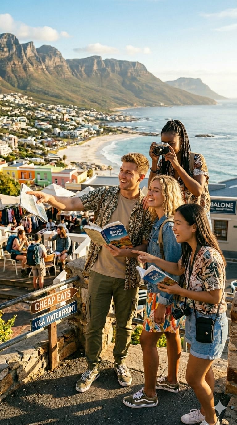 Group of young travelers exploring Cape Town coastline, showing why South Africa is worth the cost for budget travelers