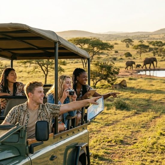 Students guide to the Big 5 on a budget with young travelers in a safari vehicle watching elephants in South Africa