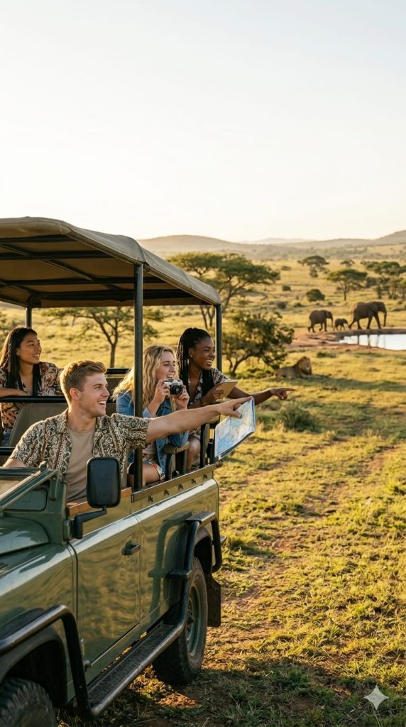 Students guide to the Big 5 on a budget with young travelers in a safari vehicle watching elephants in South Africa
