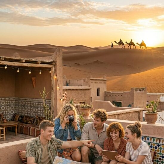 Young travelers in Morocco enjoying social hostel group activities while planning a Sahara trip on a rooftop terrace at sunset