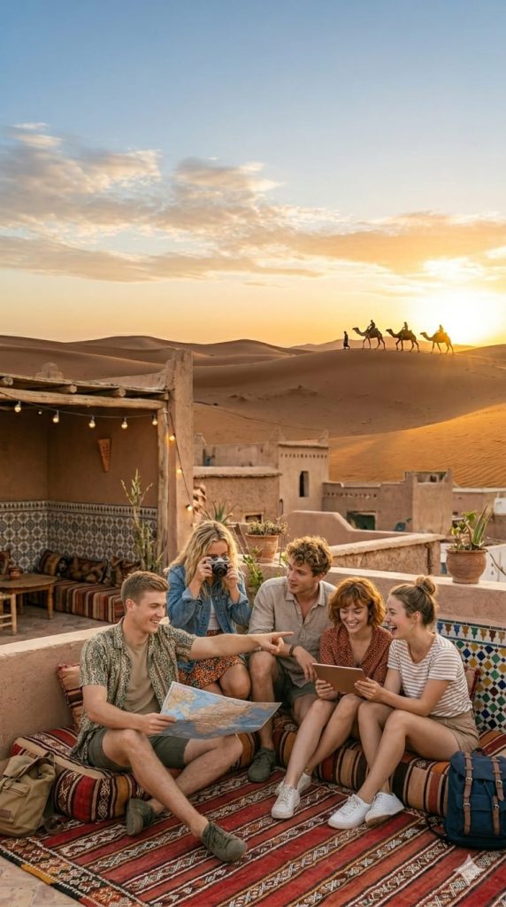 Young travelers in Morocco enjoying social hostel group activities while planning a Sahara trip on a rooftop terrace at sunset