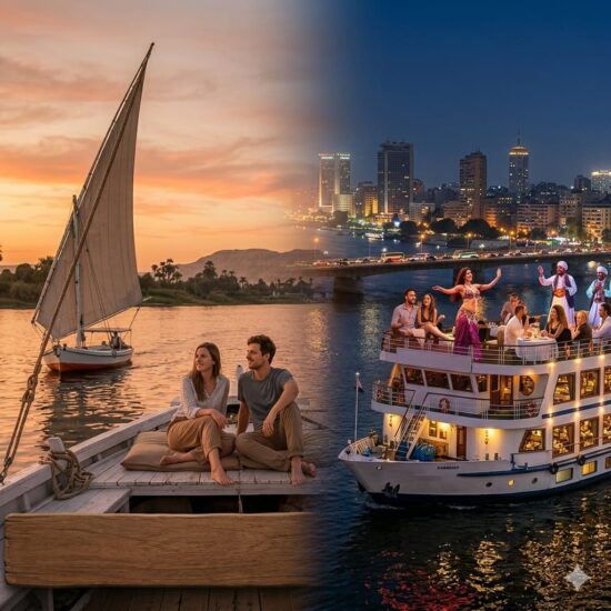 Felucca vs Nile cruise for budget travelers showing a traditional felucca sailboat and a luxury cruise ship on the Nile River in Egypt