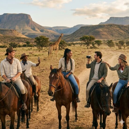 South Africa group safari for young travelers riding horses while spotting a giraffe in the wild
