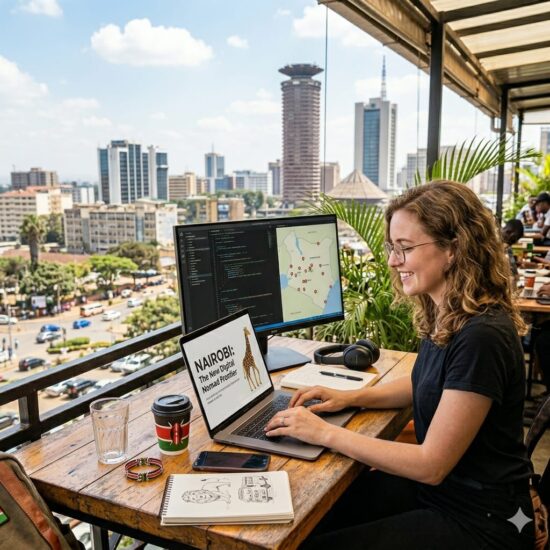 Kenya vs Bali for digital nomad in 2026 — remote worker using a laptop with a Nairobi skyline sunset view, highlighting why Kenya is a top choice