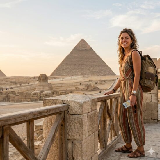 Young solo travelers travel Egypt 2026 — woman standing at the entrance of the Giza Pyramids exploring Egypt independently