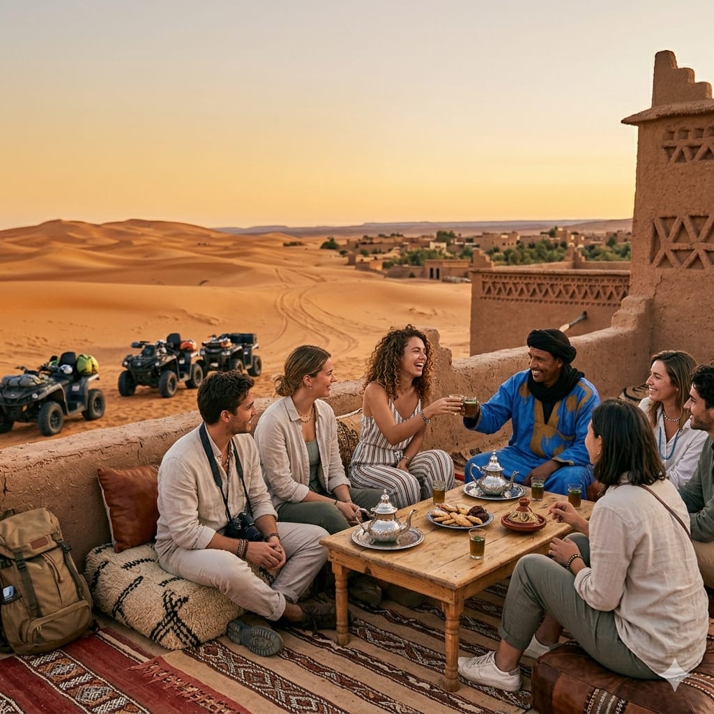 Budget for Morocco 2026 — group of travelers sitting with a local enjoying traditional Moroccan tea, highlighting affordable cultural experiences