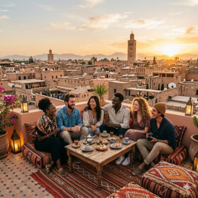 Friends enjoying tea on a rooftop terrace in Marrakech during a 1-week trip in Morocco cost travel experience at sunset