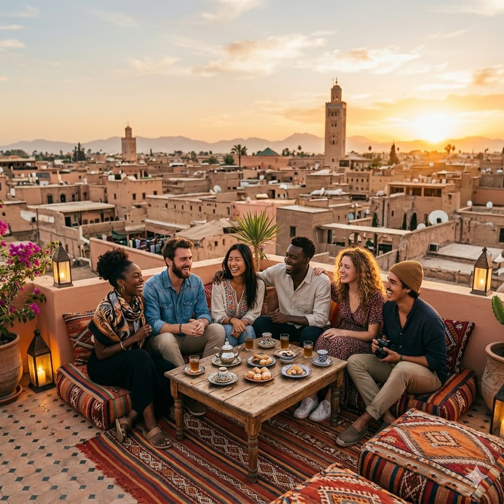 Friends enjoying tea on a rooftop terrace in Marrakech during a 1-week trip in Morocco cost travel experience at sunset