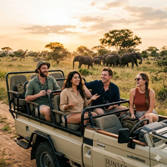 South Africa safari group tours for solo young travelers enjoying a sunset game drive with wildlife in the background and a social group atmosphere.