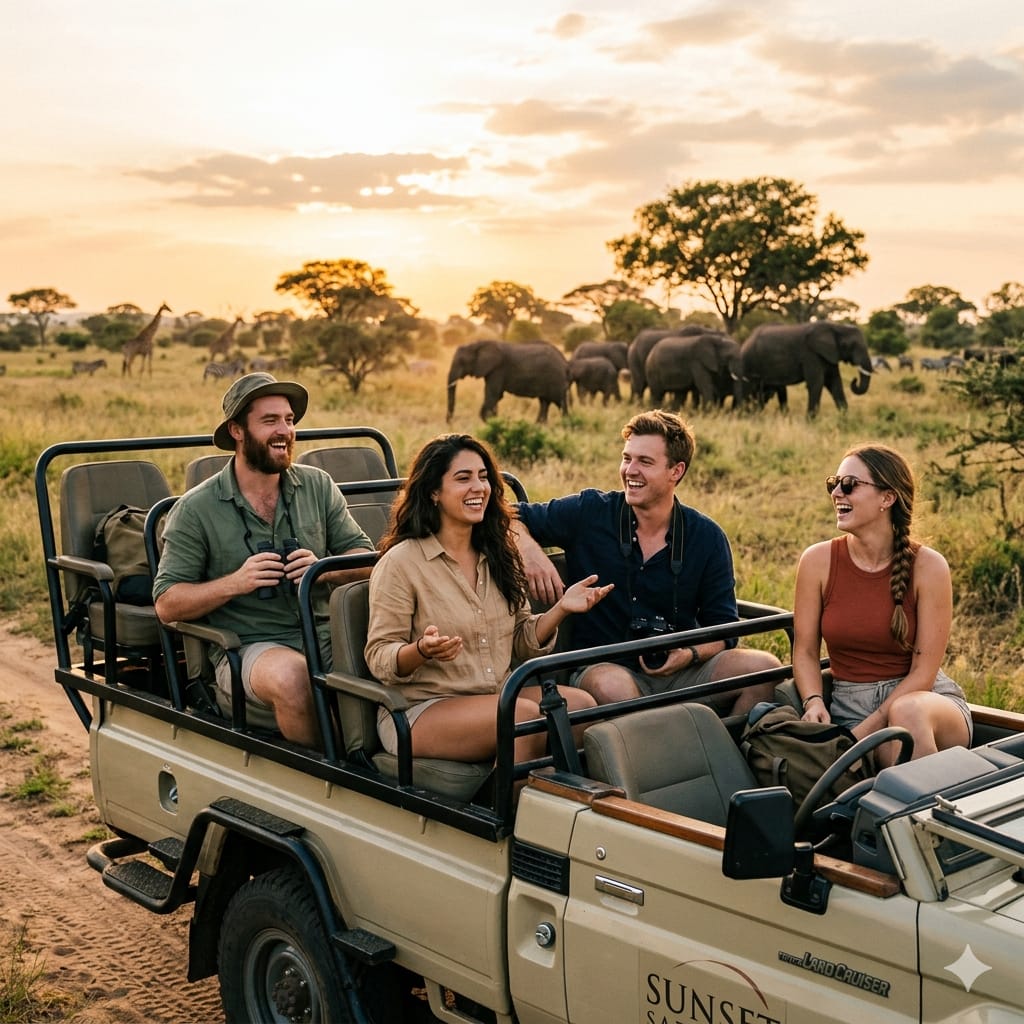 South Africa safari group tours for solo young travelers enjoying a sunset game drive with wildlife in the background and a social group atmosphere.
