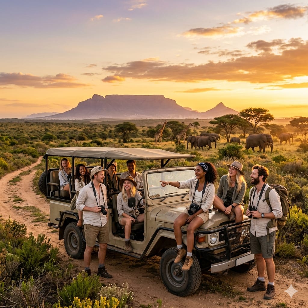 Affordable Safari near Cape Town with young travelers enjoying a scenic sunset game drive, wildlife in the background and a stylish budget-friendly travel vibe