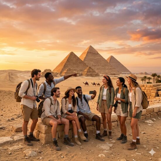 Egypt itinerary 2026 for young travelers exploring the Pyramids of Giza in a social group, enjoying a warm and adventurous travel experience