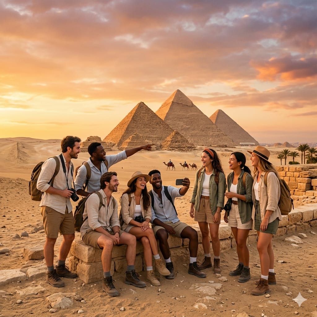 Egypt itinerary 2026 for young travelers exploring the Pyramids of Giza in a social group, enjoying a warm and adventurous travel experience