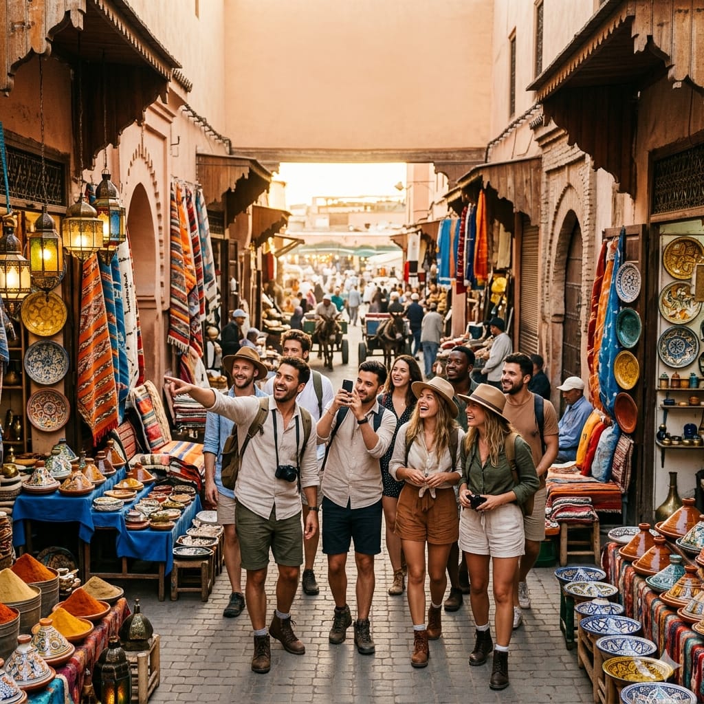 Group travel in Morocco Under 30s exploring Marrakech medina near Djamaa el Fna with vibrant market colors, warm light, and a lively social travel vibe