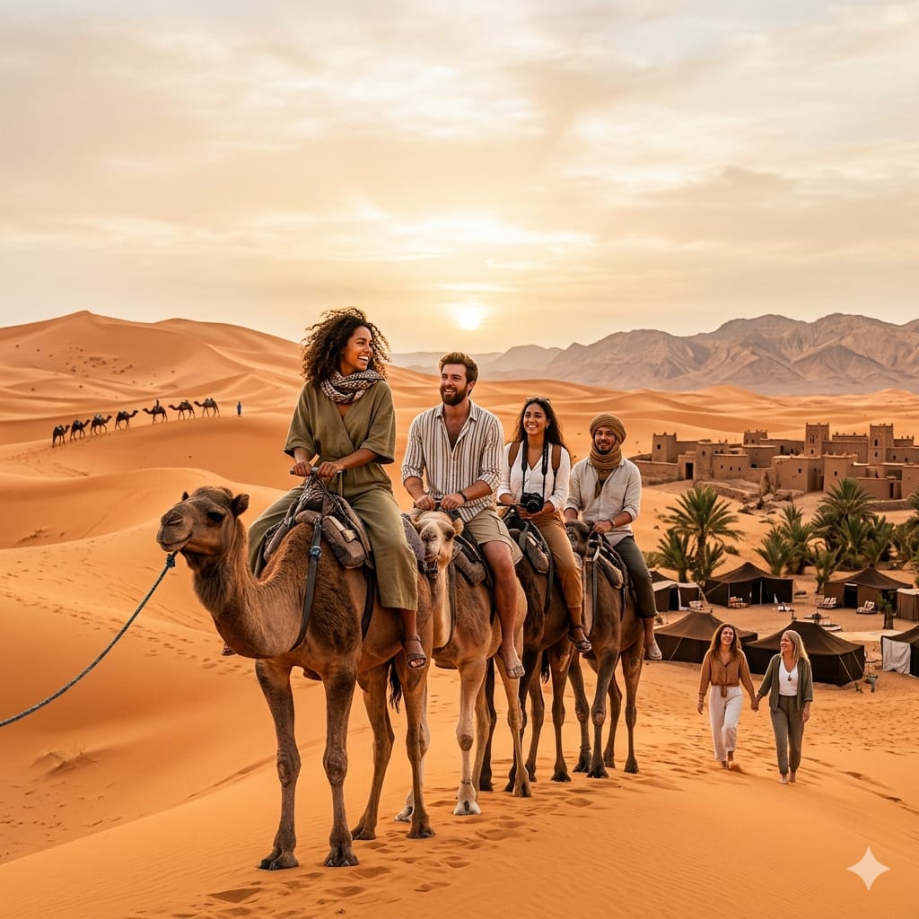 Young travelers exploring Morocco through medina culture, desert scenery, and group travel experiences in a vibrant and scenic setting.