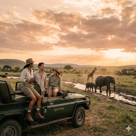 Travelers enjoying a sunset game drive during the best time to go on an Africa safari, watching elephants and wildlife in the African savannah.