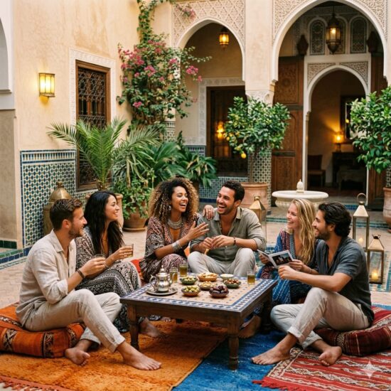 Young travelers relaxing in a traditional riad during a group trip to Morocco cost breakdown for 2026