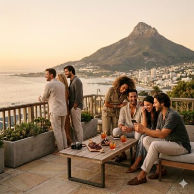 Young travelers on a Cape Town terrace at golden hour, representing a 9 day south africa trip cost 2026.