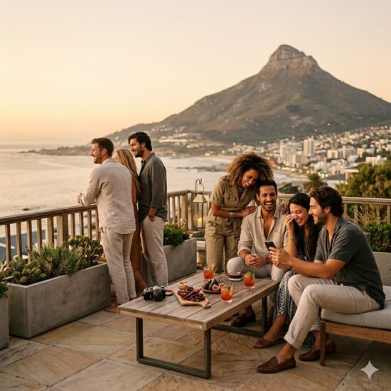 ​Young travelers on a Cape Town terrace at golden hour, representing a 9 day south africa trip cost 2026.